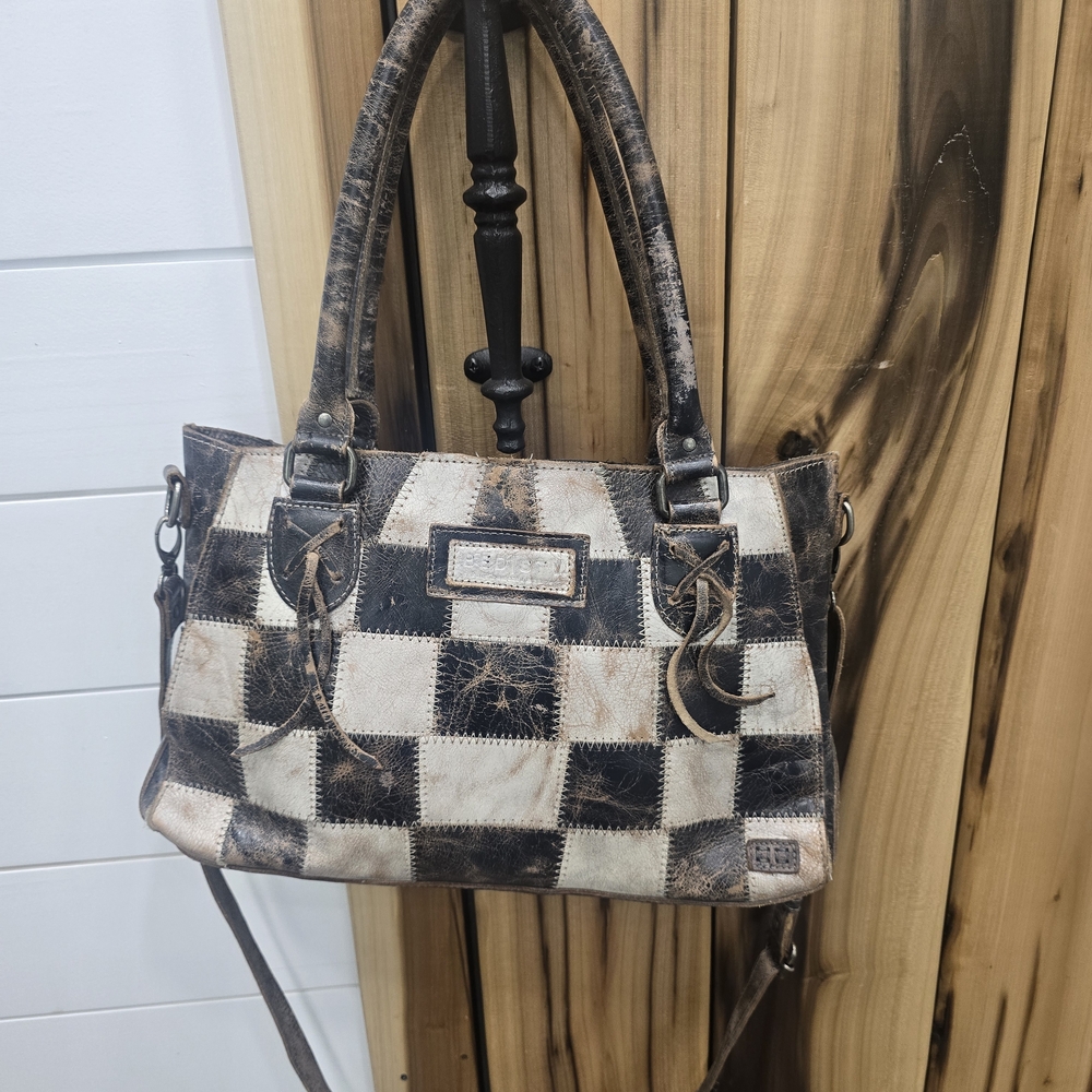 Bed Stu Checkered Leather Shoulder Bag - Black and Cream